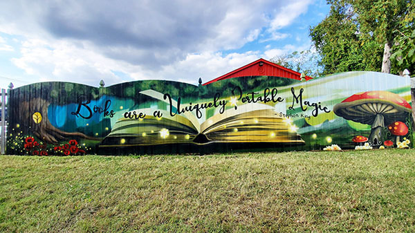 library mural, book lovers, stephen king, magic, mushrooms