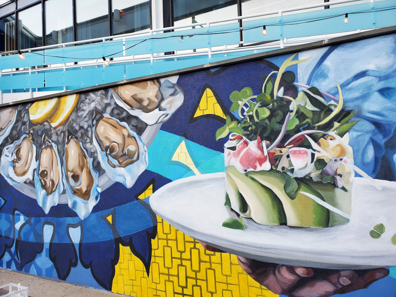 seafood mural, oysters, tar tar, lemon martini, octopus, restaurant mural, philly food mural