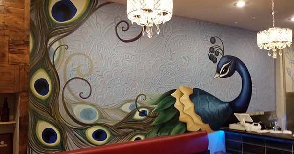 peacock mural, restaurant mural, hand-painted, custom designed, mural, large scale art, mural