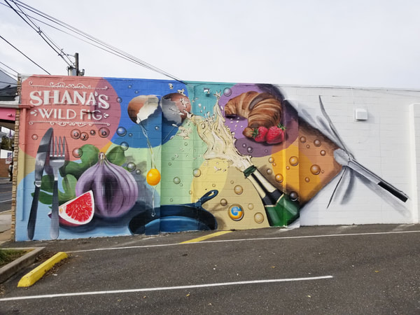 food mural, exterior mural, large scale mural, restaurant mural, figs, eggs, croissant, strawberries, champagne, skillet, custom designed, hand-painted