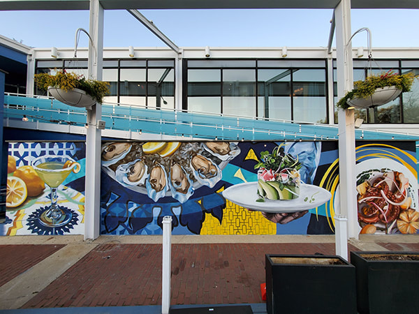 seafood mural, oysters, tar tar, lemon martini, octopus, restaurant mural, philly food mural
large scale painting, exterior mural, custom designed, hand-painted
