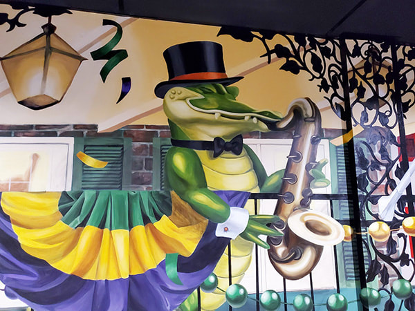 alligator playing saxophone, mardi gras, celebration, 3D art, 3D mural